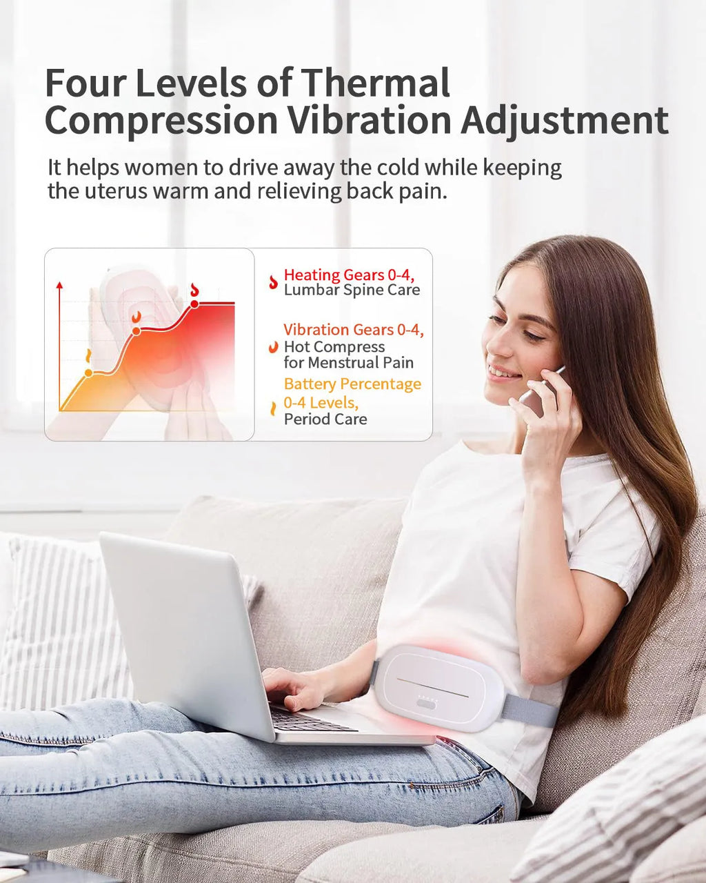 Handheld white silicone uterine warming device for menstrual pain relief with a single control button.