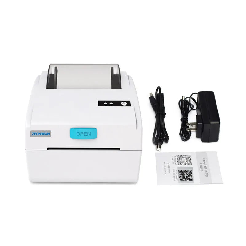 White Bluetooth thermal label printer with compact 200mm desktop dimensions