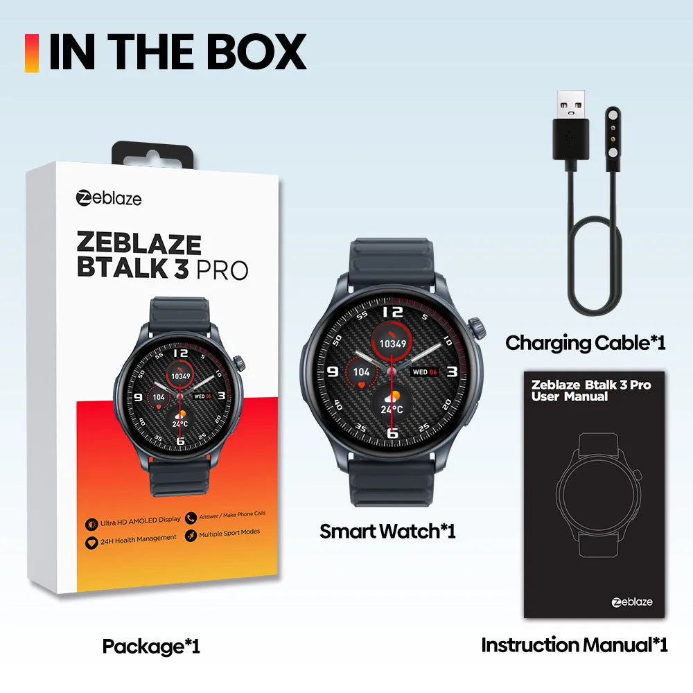Btalk 3 Pro smart watch in blue on a wrist, showing its AMOLED display and health tracking features.