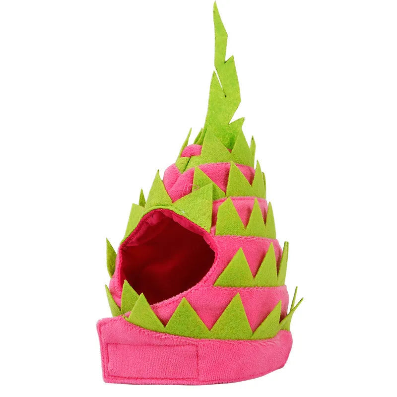 Pitaya fruit design pet hat in pink and green, soft velvet with felt embellishment, side view on a dog