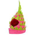 Pitaya fruit design pet hat in pink and green, soft velvet with felt embellishment, side view on a dog