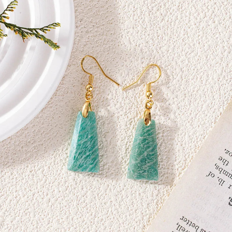 Amazonite rough stone trapezoid earrings with geometric octagon and quadrangle elements