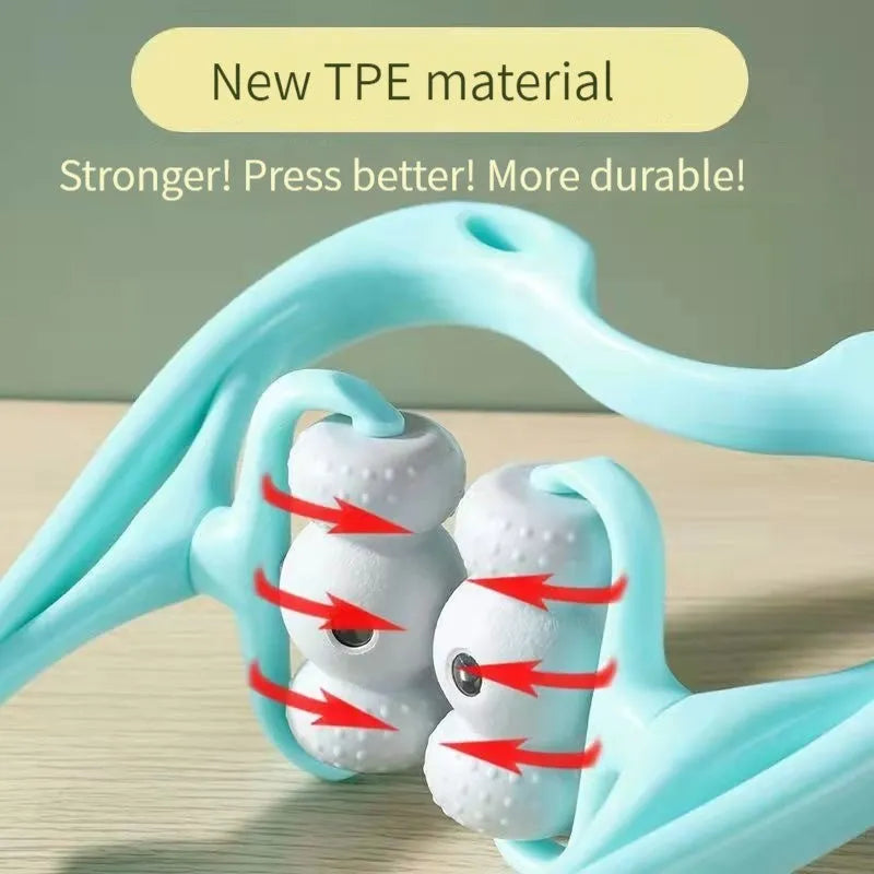 Blue handheld neck massager roller with 96 pressure points showing ergonomic curved design.