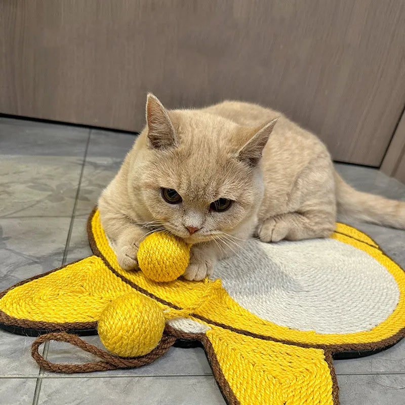 Yellow sisal cat scratch pad with corgi butt design on anti-slip base, 37cm by 40cm