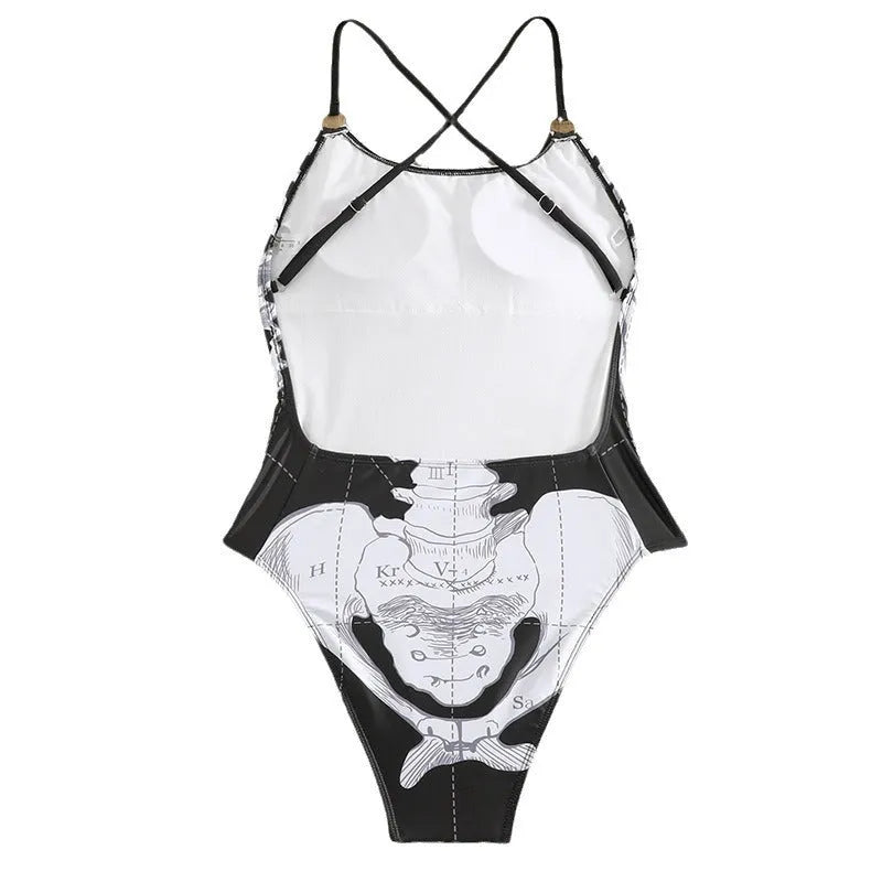 Women's one-piece swimsuit with black and white skeleton print, polyester lining, sizes S to XL.