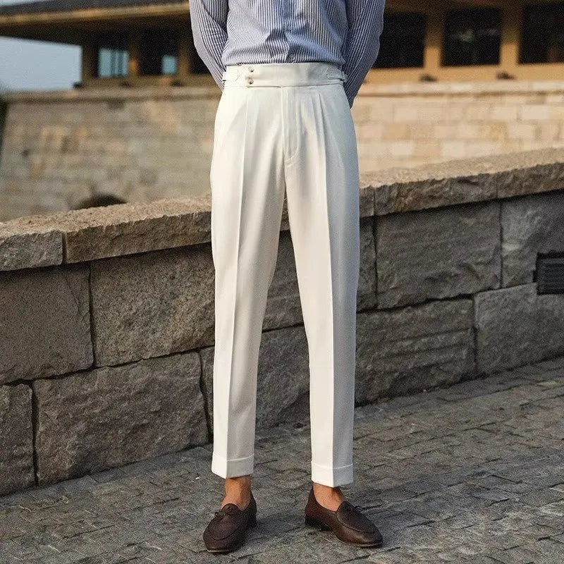 Men's slim fit polyester trousers in straight leg cut for summer formal wear
