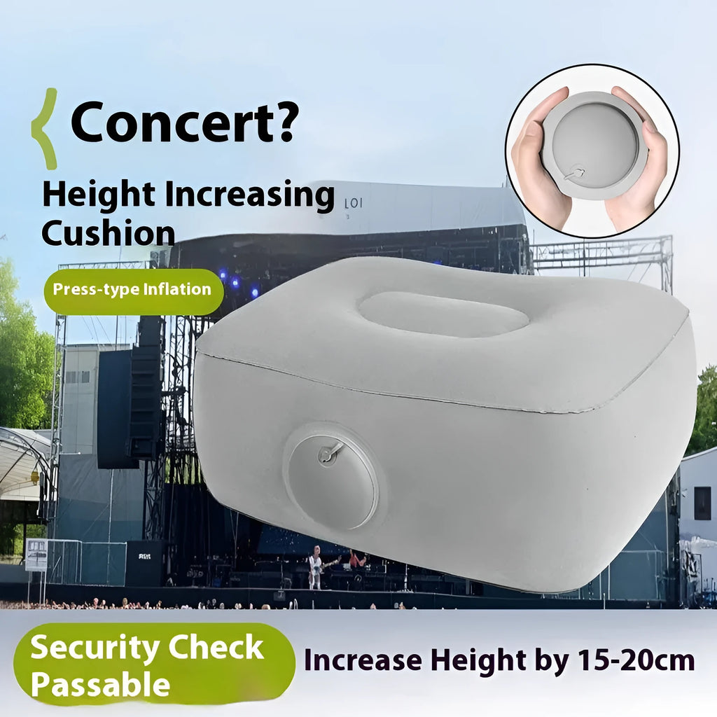 Grey inflatable seat cushion with a press valve, shown folded and inflated.