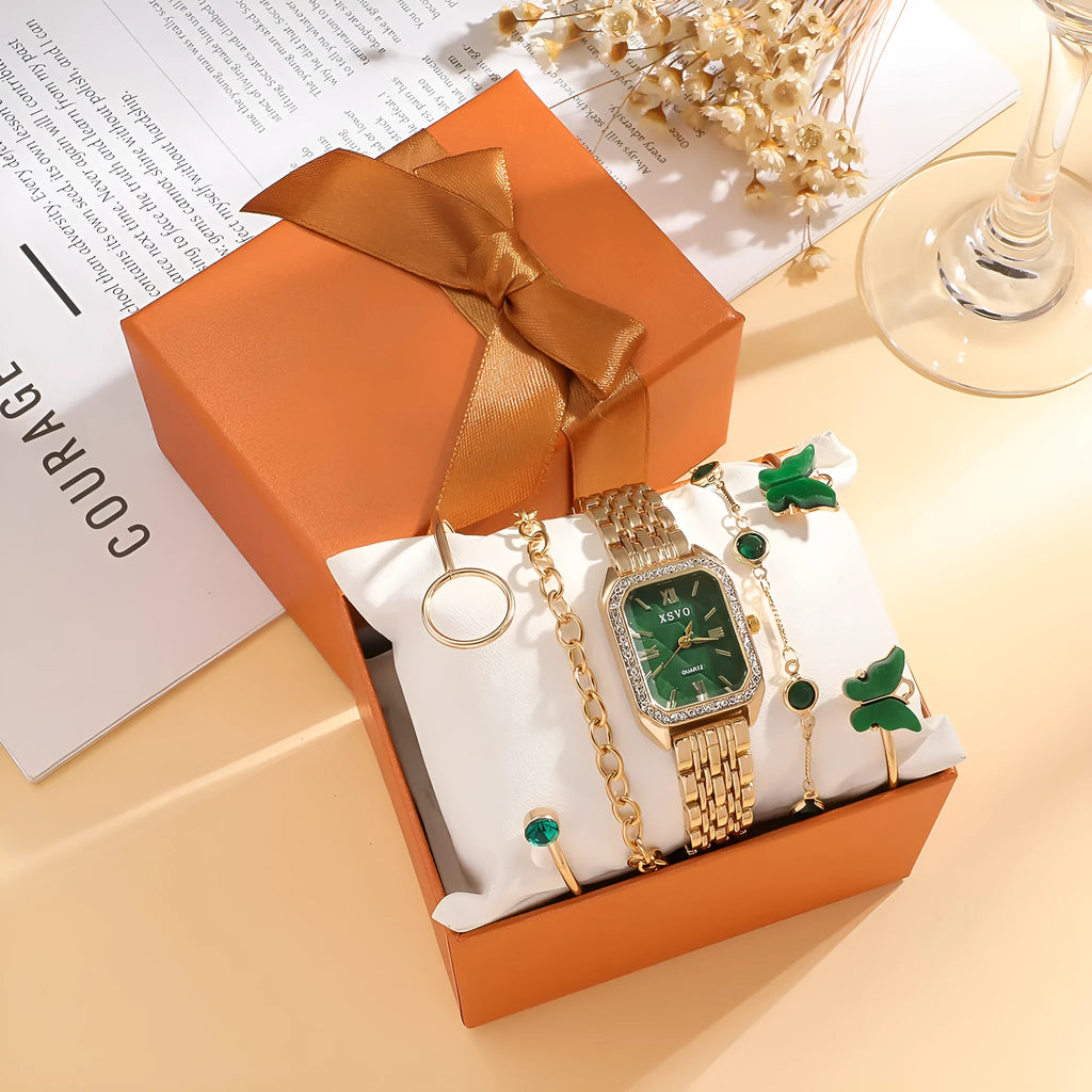 Gold and emerald green square women's watch with four matching bracelets jewellery set