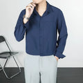 Korean-style loose fit men's long-sleeved shirt in linen and silk blend, solid colour, sizes S to 4XL