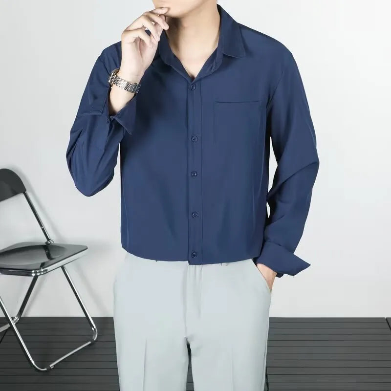 Korean-style loose fit men's long-sleeved shirt in linen and silk blend, solid colour, sizes S to 4XL
