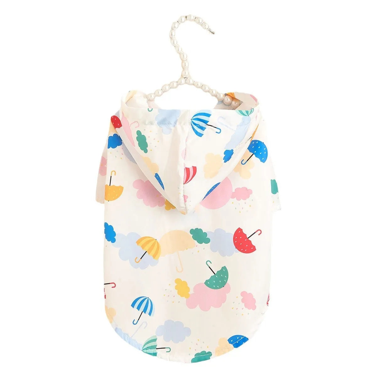 Colourful cartoon umbrella pattern pet raincoat for a small dog, shown in size L.