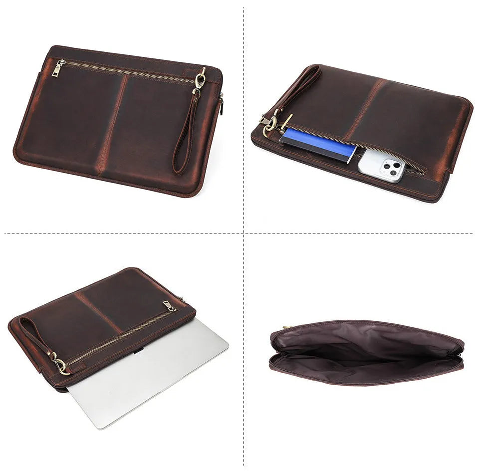 Retro brown crazy horse leather zipper computer bag for MacBook Pro 15.4 and 16 inch