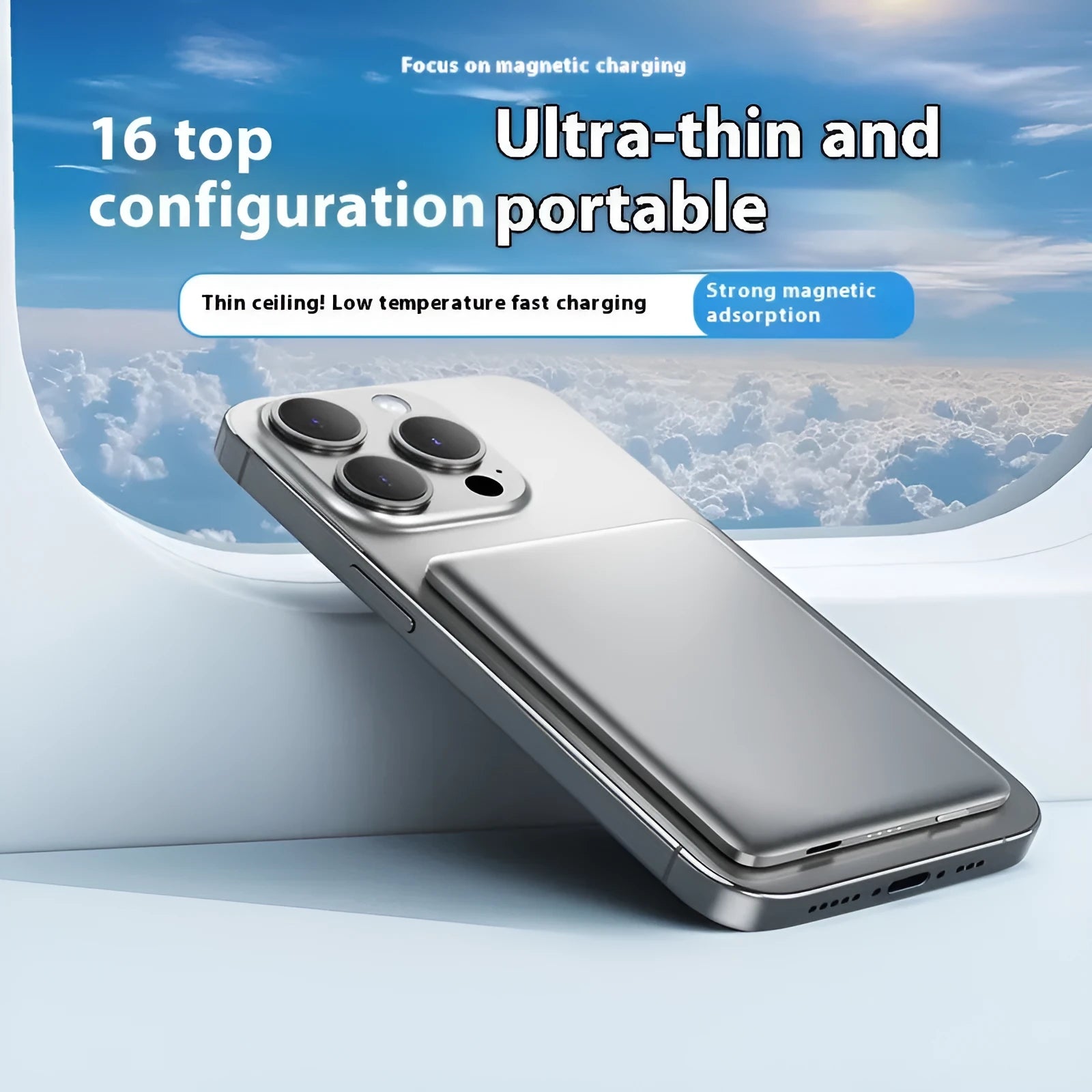 Gun gray magnetic wireless power bank with alloy shell showing ultra-thin 9mm profile and rectangular 103mm × 68.8mm dimensions