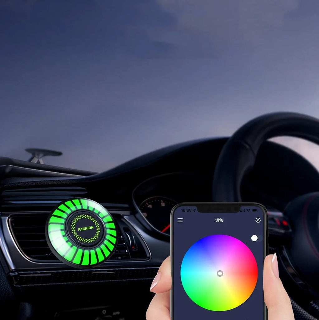 Car air vent aromatherapy device with built-in RGB LED lights for odour control and interior illumination