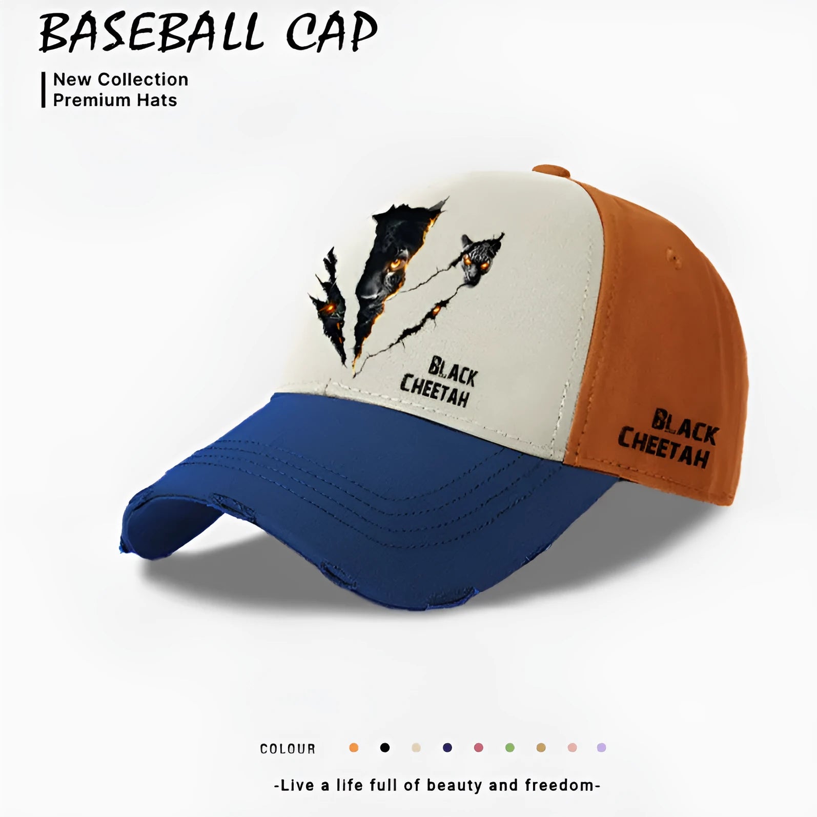 Men's European American style baseball cap in polyester available in beige, black and blue colours