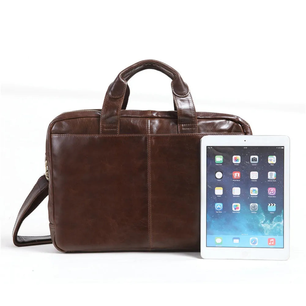 Men's brown leather business briefcase with 18-inch size and polyester cotton lining