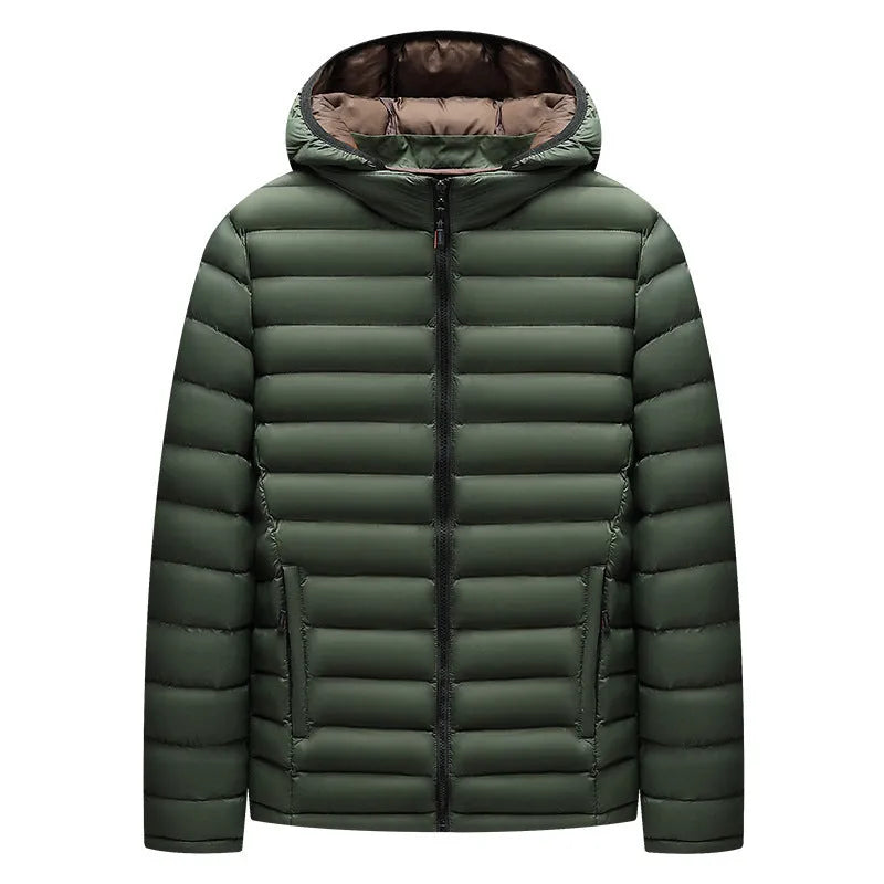 Man wearing a lightweight army green down jacket with a hood and detachable collar.