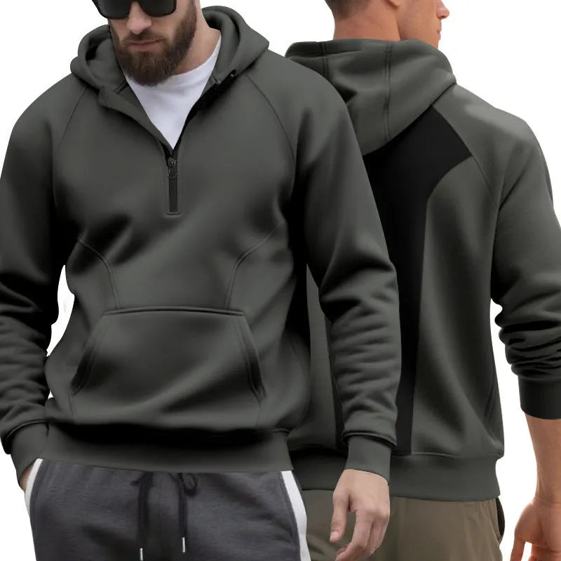 Men's loose fleece hooded zip sweatshirt with raglan sleeves in dark blue, black, army green, or iron grey, sizes S-XXXL