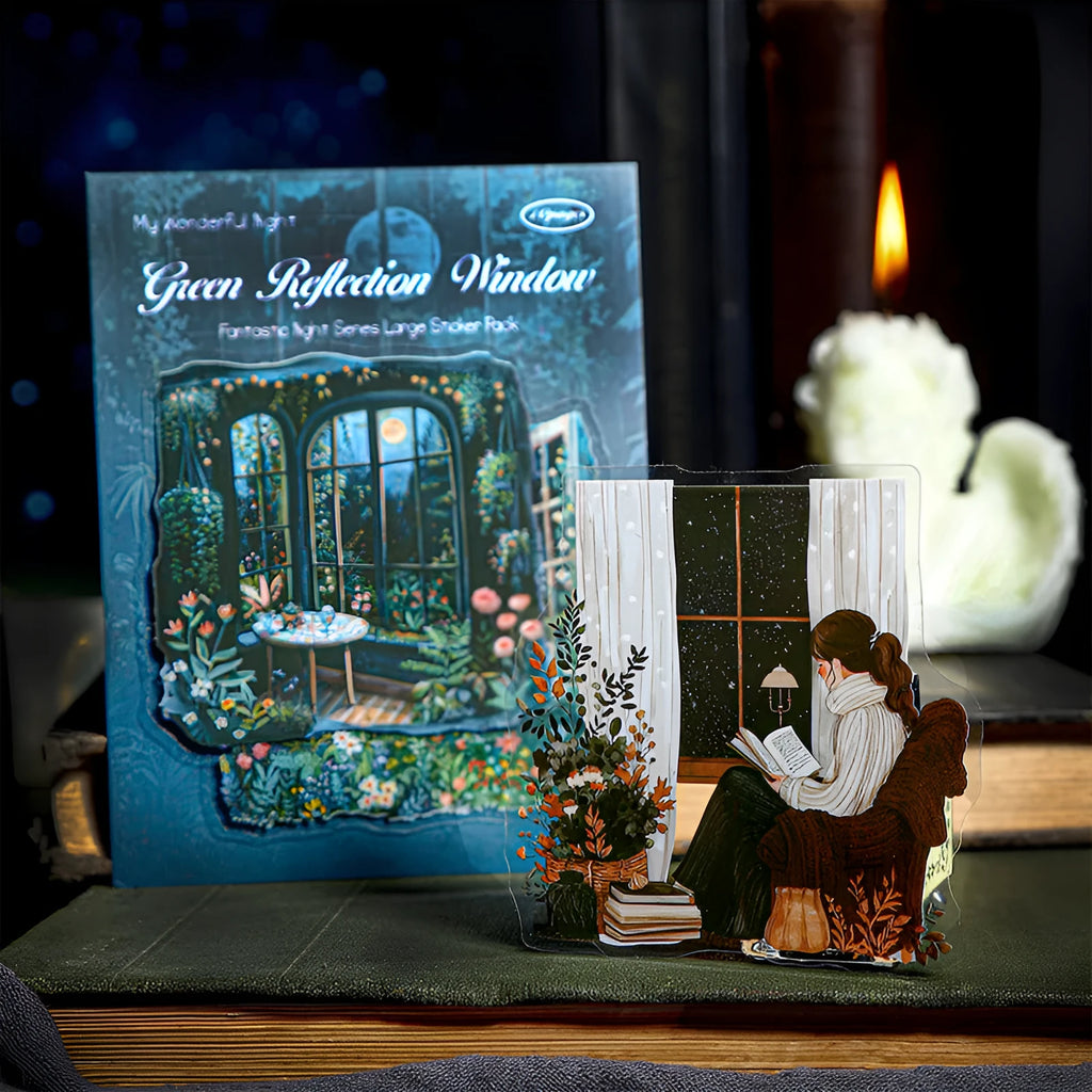 PET large night view sticker set with 6 retro printed scenes on a clear background, approximately 110x156mm each