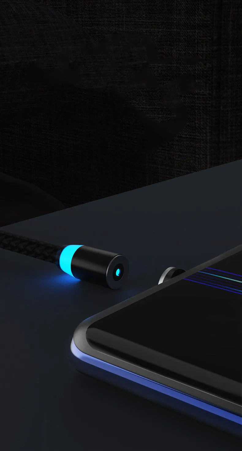 Breathing light magnetic charging cable with LED indicator, showing black 2-metre length and magnetic USB-C connector.