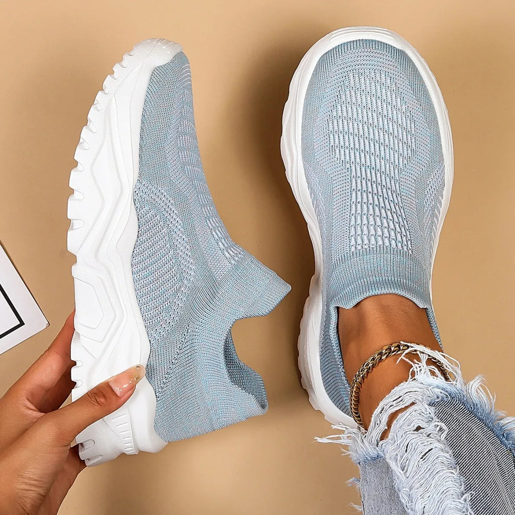 Women's light blue mesh slip-on casual shoes with round toe design