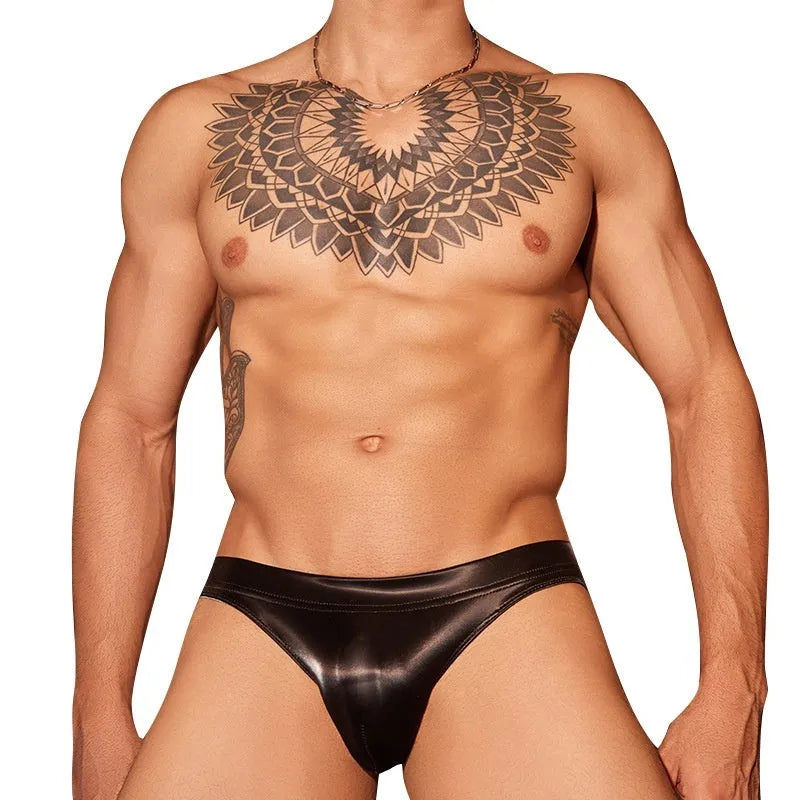Men's black shark skin lace briefs showing textured fabric detail and free size fit