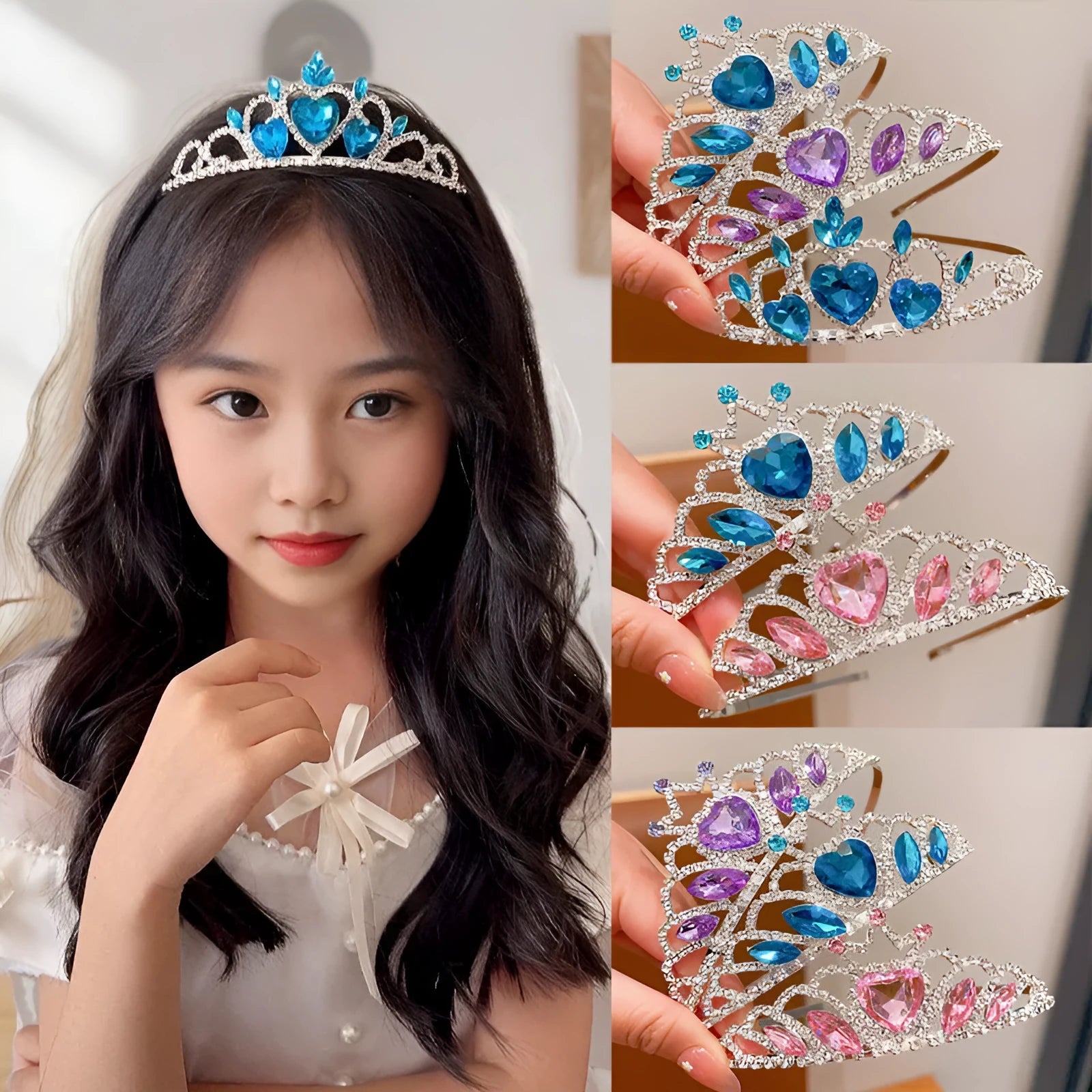 Crown hairband headdress with electroplated alloy metal and crystals for girls' princess dress-up