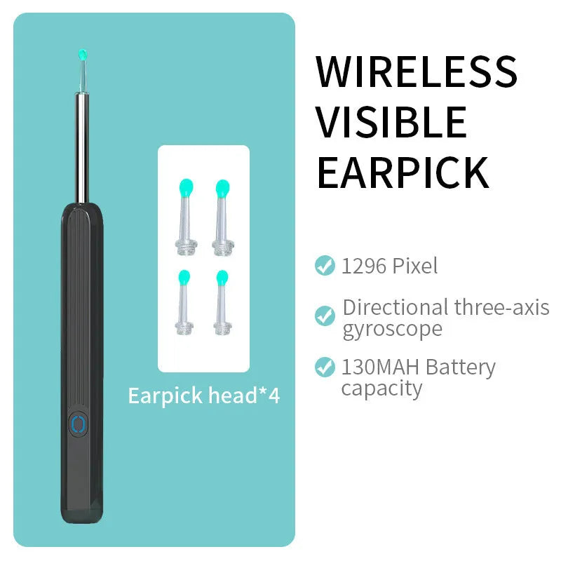 NE3 wireless otoscope ear cleaner with camera, LED light, and smartphone display showing ear canal view