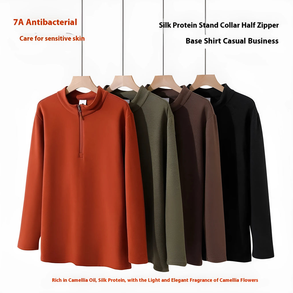 Men's stand collar half zip sweater in solid colour with dimensional patch pocket, straight cut, available in sizes M-3XL
