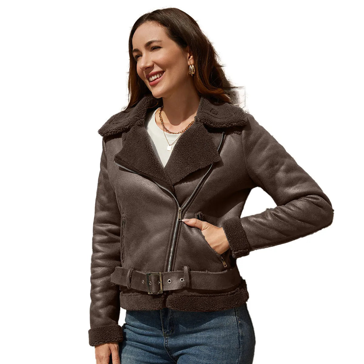 Women's belt turn-down collar long sleeve suede coat in army green with belt cinched at waist.