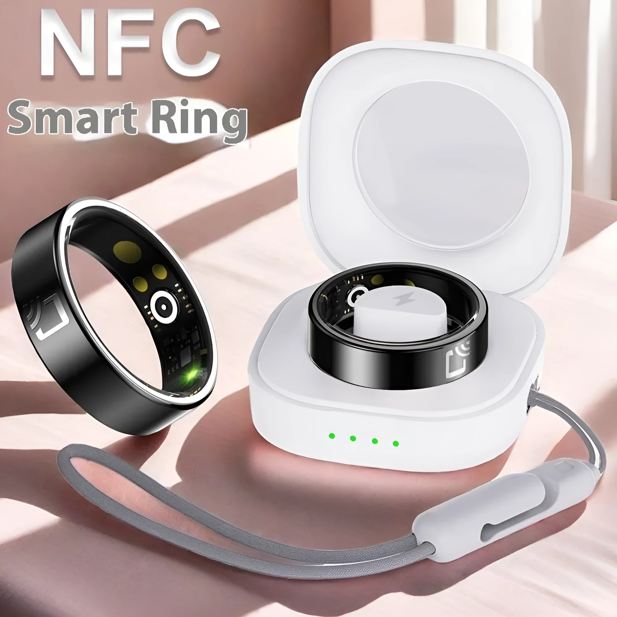 Black ceramic smart ring with health monitoring features including heart rate and blood oxygen tracking