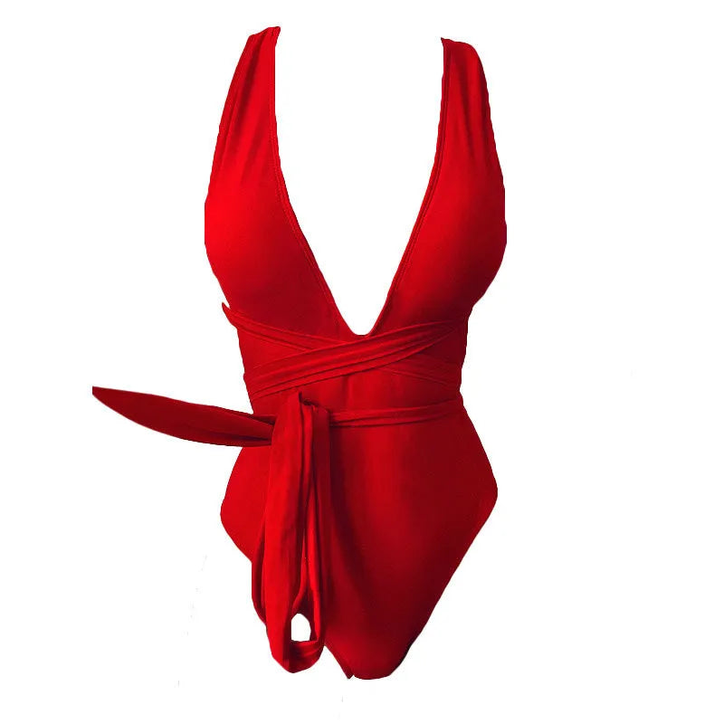 Women's lace-up deep V backless one-piece swimsuit in solid colour, quick-dry nylon, high waist cut