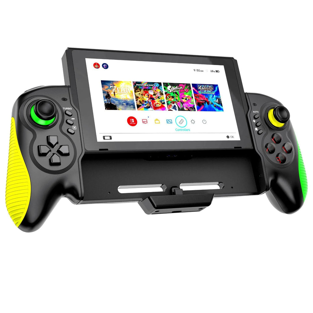 Yellow-green game controller for Nintendo Switch and PC with in-line handle design and somatosensory burst function