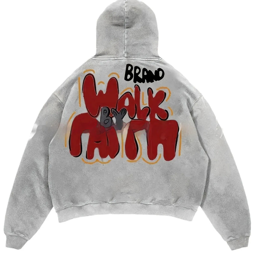 Women's granny grey hoodie with vintage letter print design and front pocket