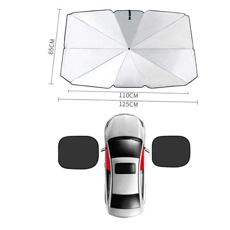 Car sun umbrella made from titanium silver glue and impact cloth with telescopic arms, resting on a car windscreen interior