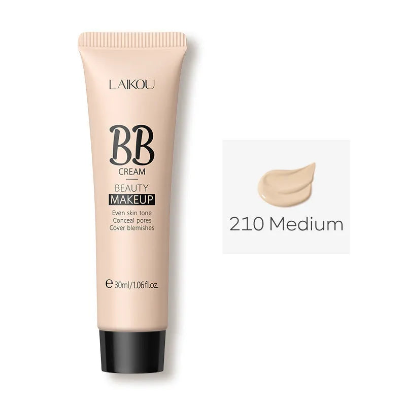 30ml tube of BB cream shown alongside swatches of its nine shades from light ivory to dark brown.