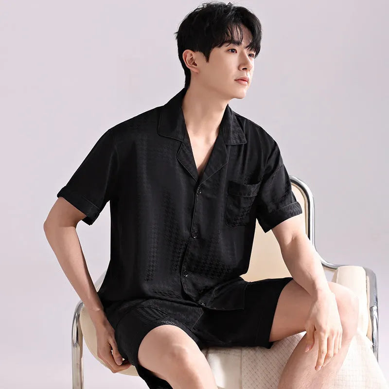 Men's ice silk pajama set with cardigan top and shorts in satin jacquard pattern
