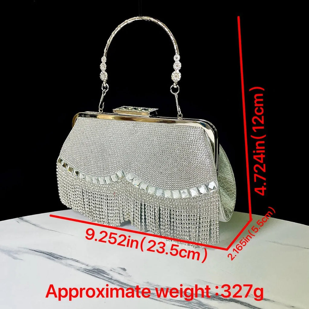 Tassel crossbody banquet bag in polyester shell shape with diamond chain and open pocket, available in black, gold, or silver