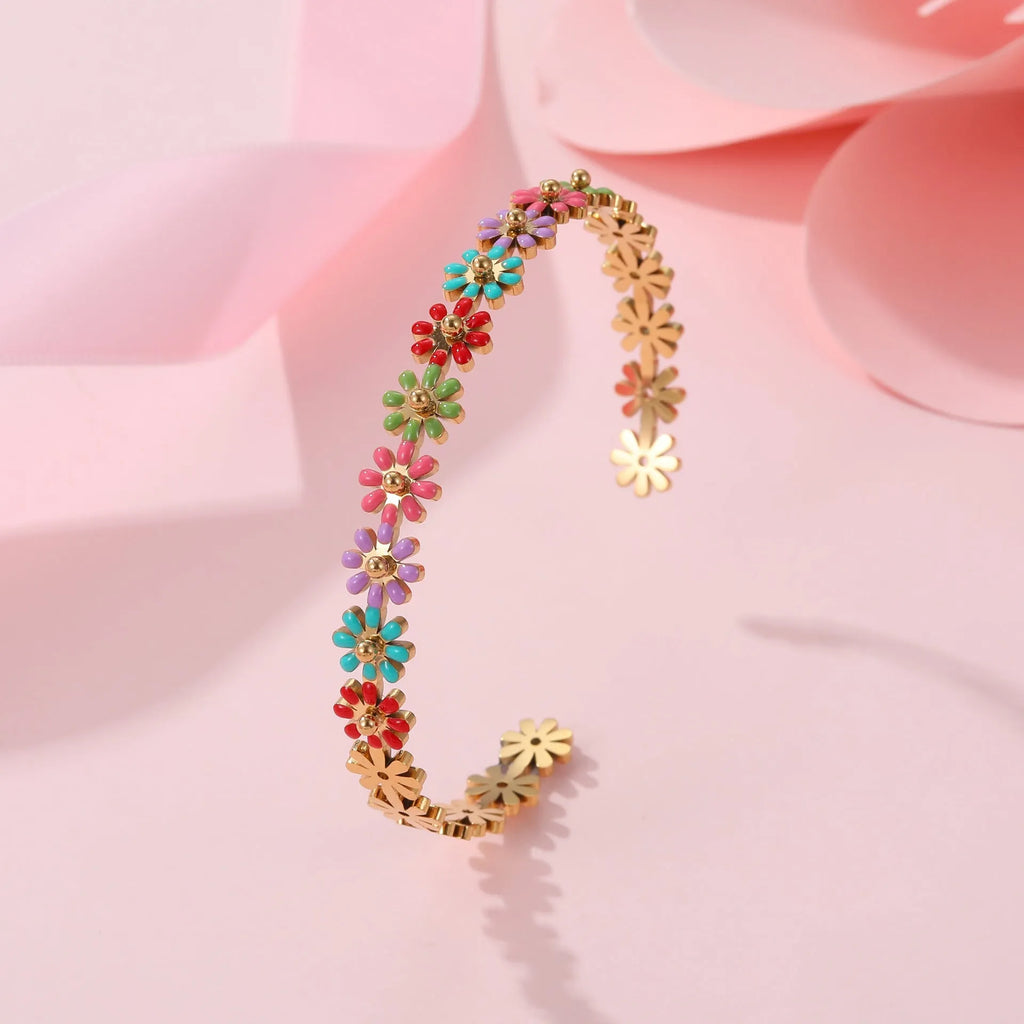 Fashion oil drip colour flower stainless steel bracelet with electroplated finish and geometric shape for women