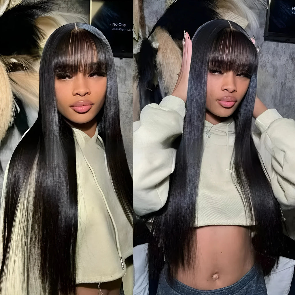 Natural colour human hair full-mechanism wig with straight fringe, no lace, available in multiple lengths from 8 to 32 inches