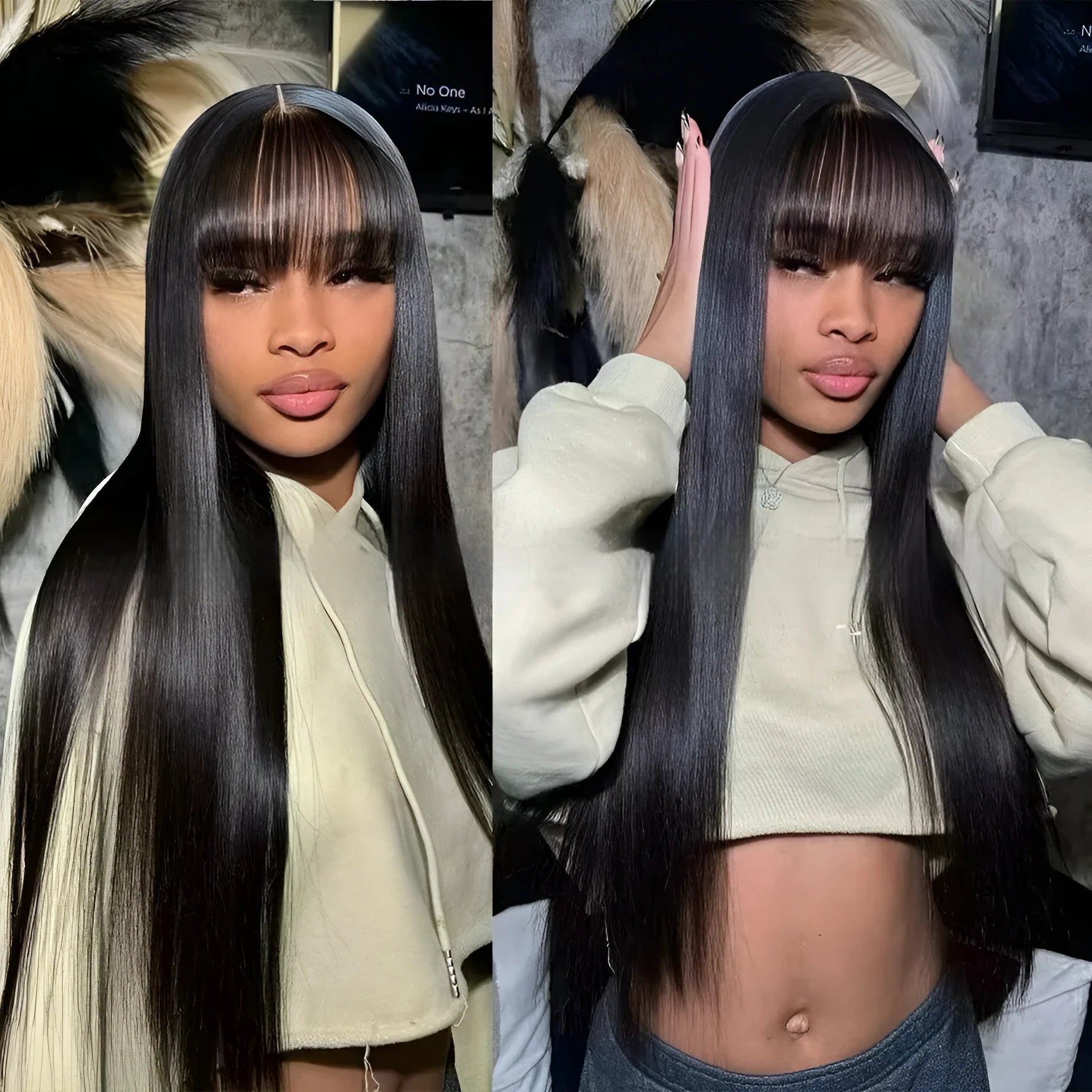 Natural colour human hair full-mechanism wig with straight fringe, no lace, available in multiple lengths from 8 to 32 inches