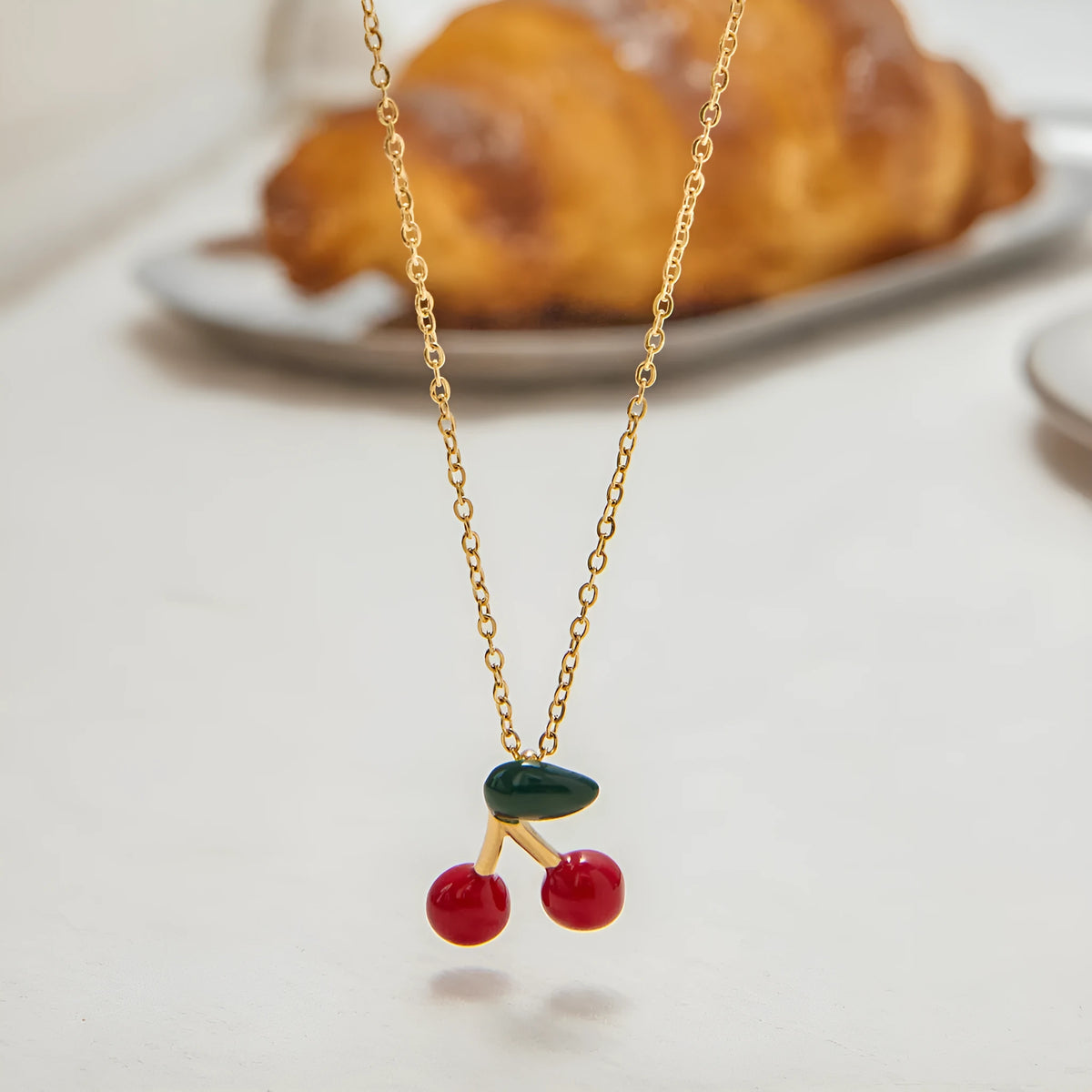 Stainless steel fruit-shaped pearl necklace with cherry pendant for women, light luxury style
