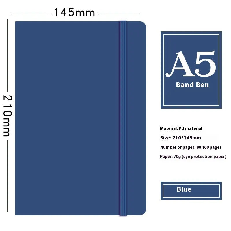 A5 faux leather notebook open with pen insert and strap, 200 pages, blue and black options