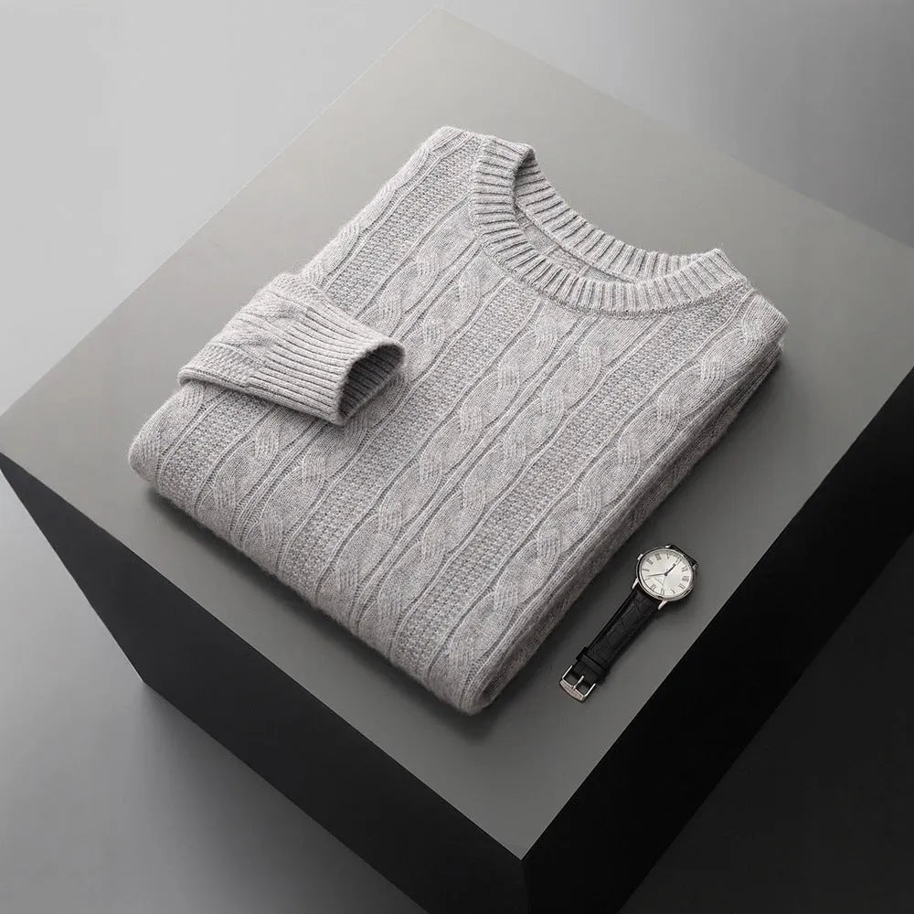 Men's thickened jacquard knitted sweater loose pullover in white, elephant gray, light gray or camel, sizes S-XXXL