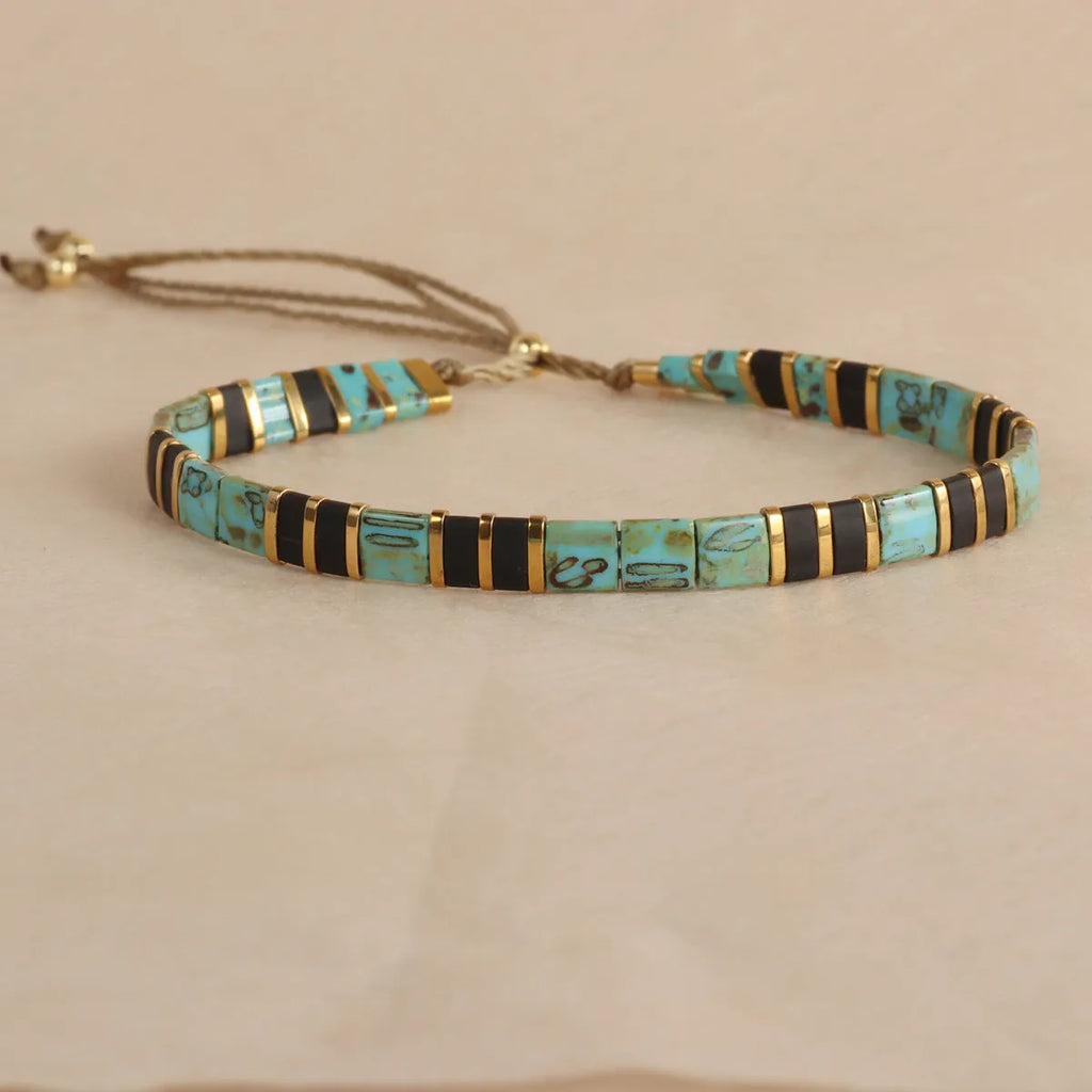 European fashion beaded bracelet with geometric glass and glaze beads in five colour options