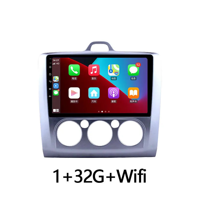 Android smart car head unit with 9-inch touchscreen for Ford Fox, showing interface with climate controls and navigation.