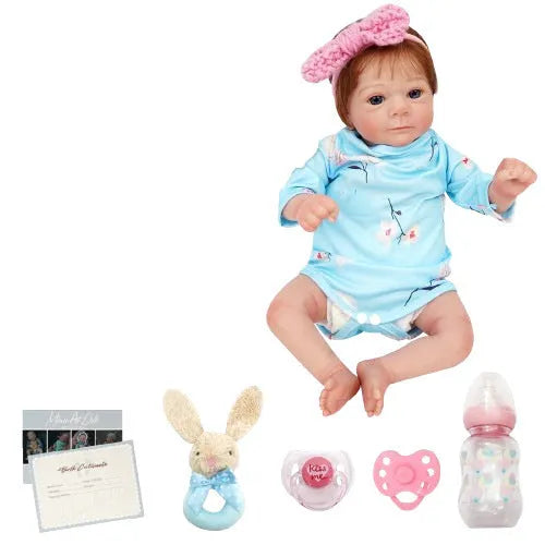 48cm soft rubber simulation baby doll in blue floral clothing with bottle and pacifier accessories