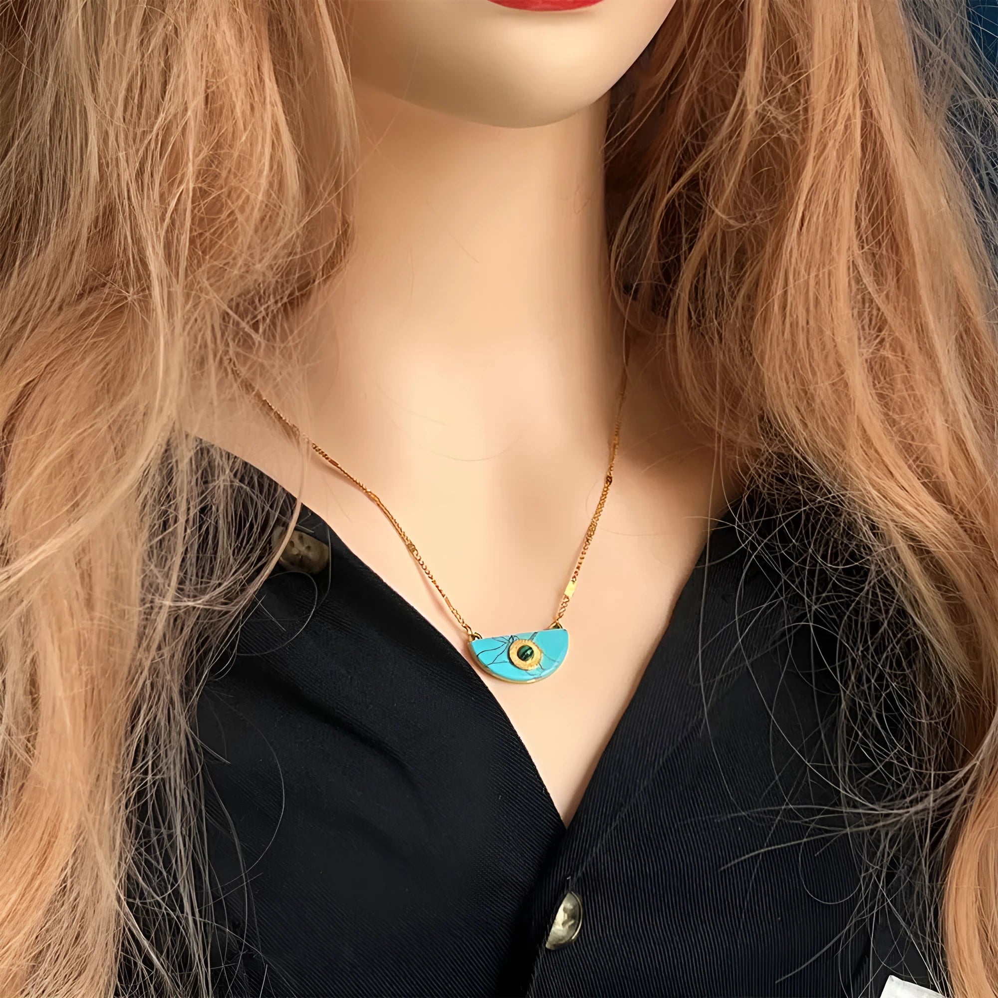 Turquoise crystal pendant necklace on copper box chain, clavicle length, camellia shape with diamond treatment