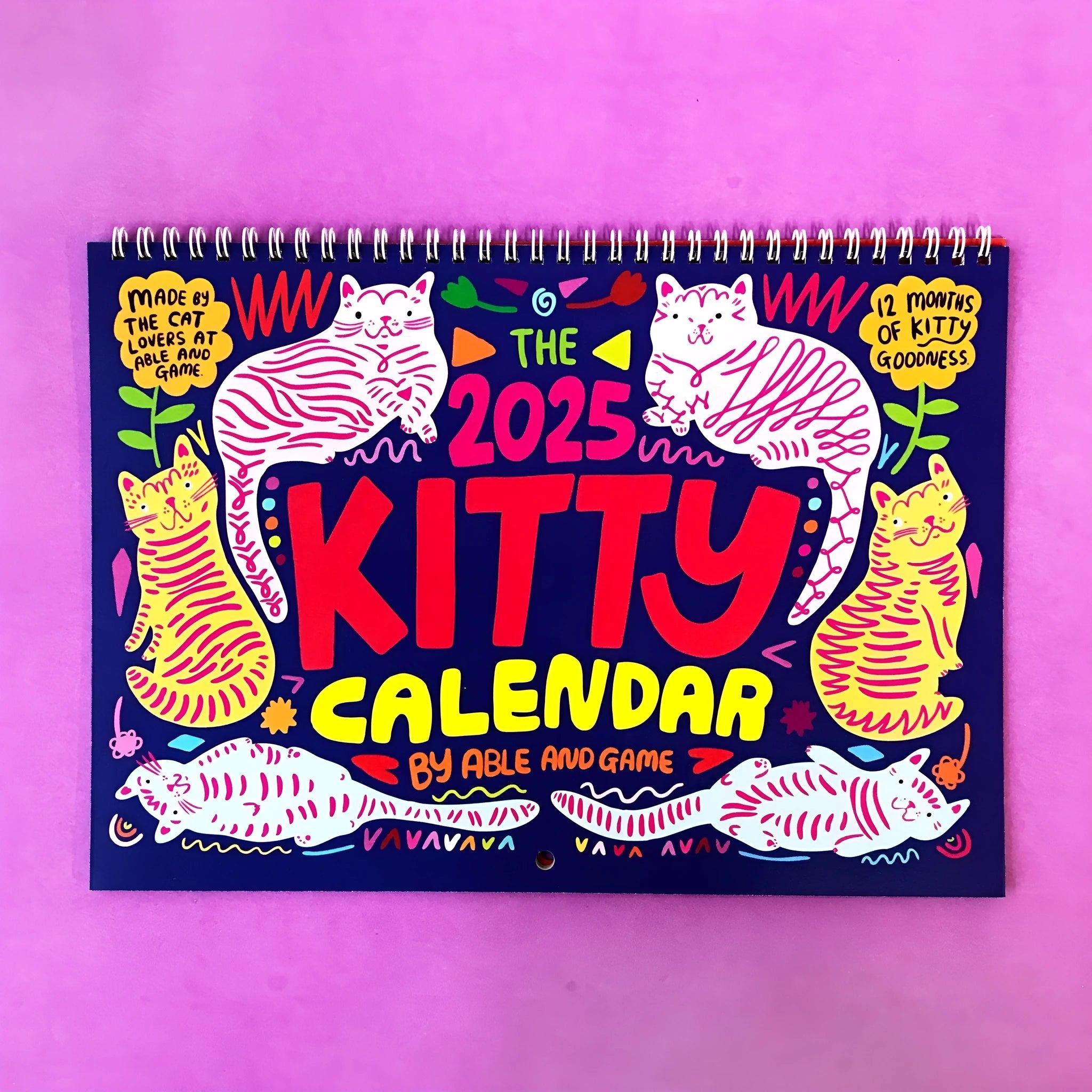 A3 landscape cat calendar wall planner showing monthly feline illustrations