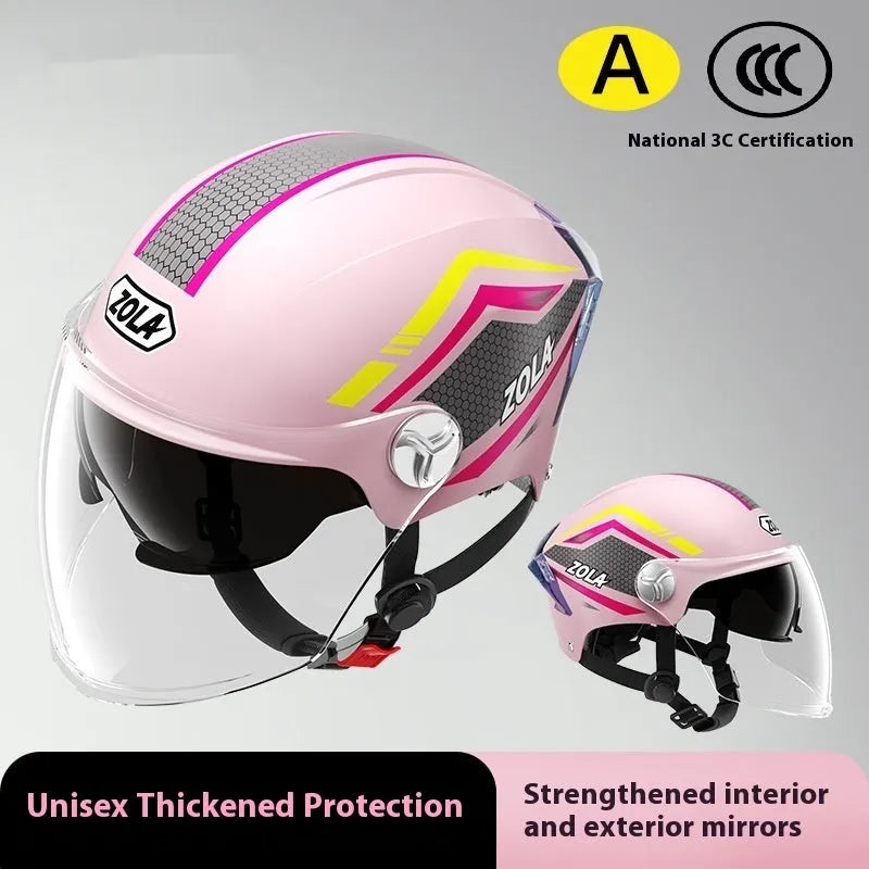 Light brown motorcycle half helmet with a dual mirrored visor on a table.